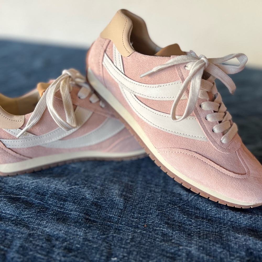 Vince Suede Pink and Cream Suede Sneakers with White Laces, Size 6.5